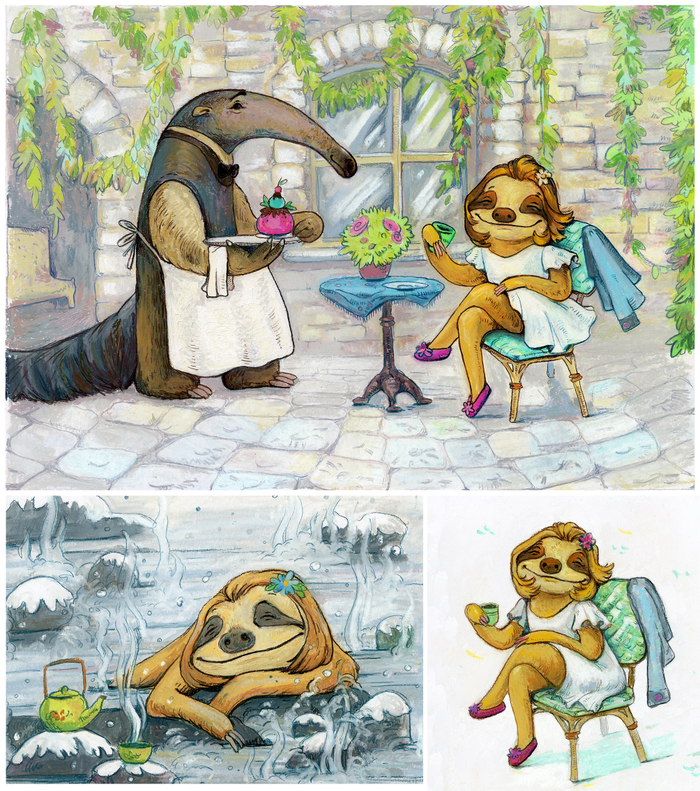 Ленивица в кафе.