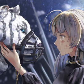 Аниме иллюстрация девушка с белым тигром