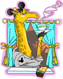 жираф в серой толстовке с зелёным чаем и тёмным шоколадом