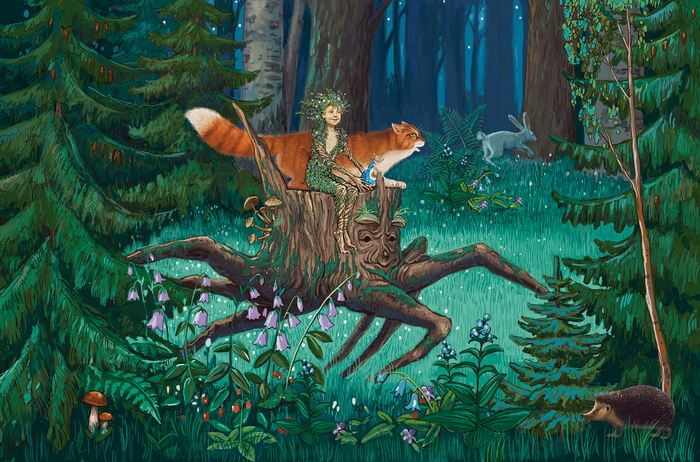 Лесовичок, кот и мышка Аришка скачут на пеньке.