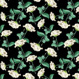 Акварельный паттерн с цветами эустомы на черном фоне