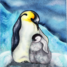 Императорские пингвины | акварельная открытка День полярника