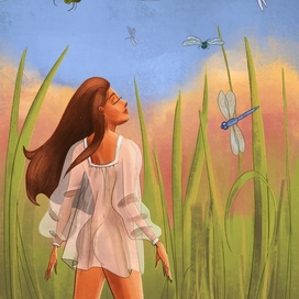 Девушка в летний день в поле стрекоз