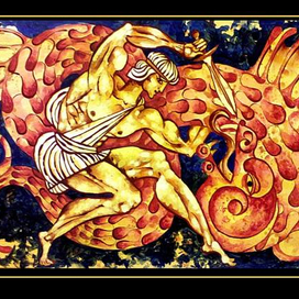 "Ахелой и Геракл" бумага, акрил, 68х39 см, 2016г.  Серия "Мифы и легенды древней Греции".