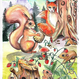 Белка любуется грибом