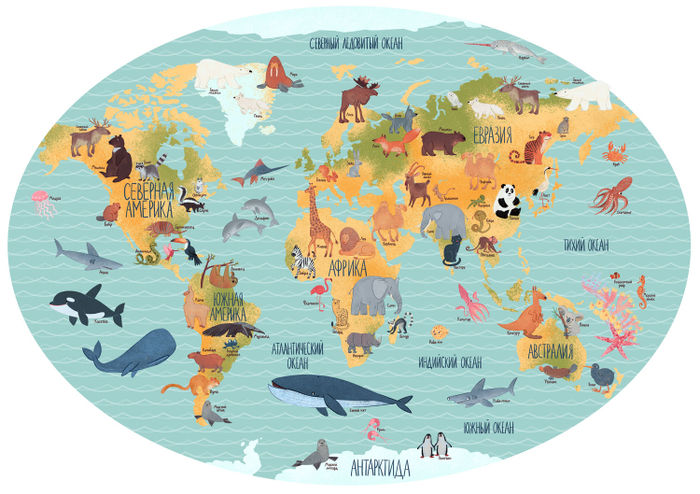 карта мира с животными