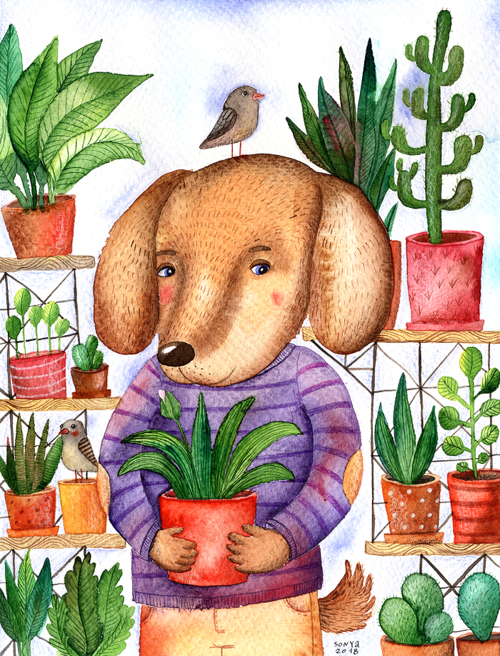 Пес с растениями