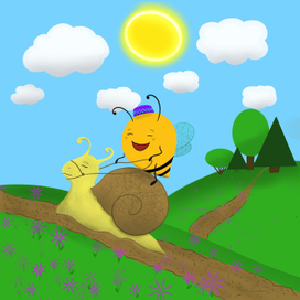 Веселая пчелка катается на улитке