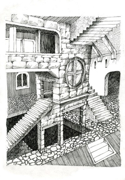 Невозможная архитектурная среда. Эскиз к офорту.