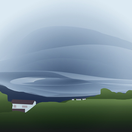 Bubbling dark blue thundercloud on the entire sky over the house in the forested mountains valley