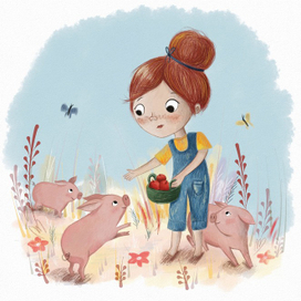 Маленькие поросята и девочка