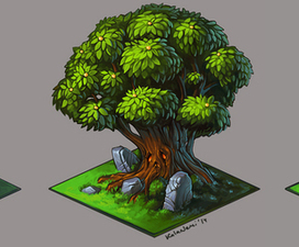 камень, дерево и гриб