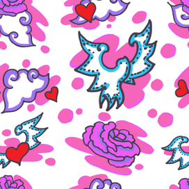 Паттерн с сердечками и голубями