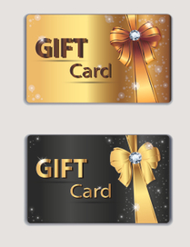 Gift coupon, gift card, discount card, business card, gold and black, bow, ribbon. Holiday backgroun