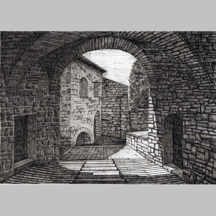 Солнечный дворик в старом Ассизи. Италия.