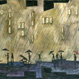 Люди под дождём.