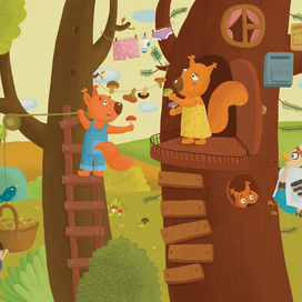 Белочки хотят к зиме сделать домик на сосне