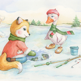 Лиса и Гусь на зимней рыбалке