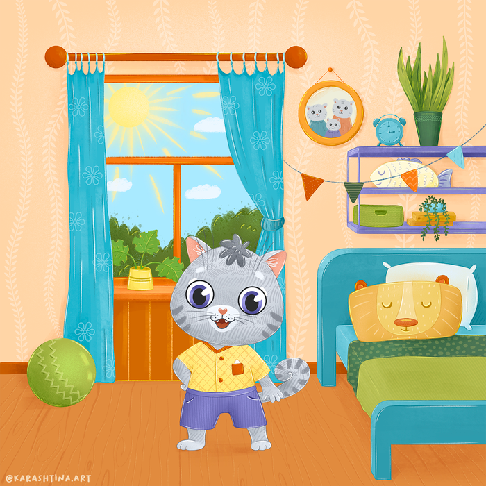 Персонаж-котик в своей комнате