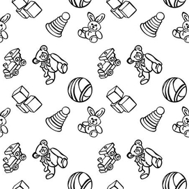 Детские игрушки: плюшевый мишка, зайка, кубики, пирамидка. 