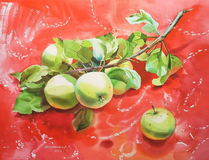"Ветка яблони на красном"
