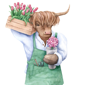 Бык флорист Степан, детская книжная иллюстрация 