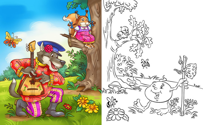 Колобок_волк (иллюстрация + раскраска)