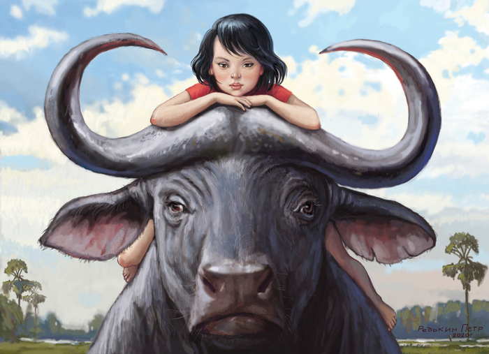 Девочка на буйволе.