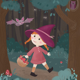 Маленькая ведьмочка в лесу — детская книжная иллюстрация