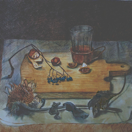 сухой подсолнух,каштаны і стакан