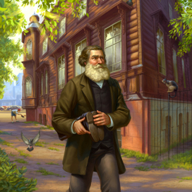 Арт для календаря "Год литературы". Короленко В.Г шагает с отремонтированной обувью по улице Короленко.