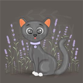 Черная кошка с белыми лапками и ошейником на лавандовом фоне