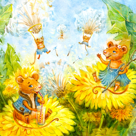 Иллюстрация для Открытки, Календаря Мышки на одуванчиках