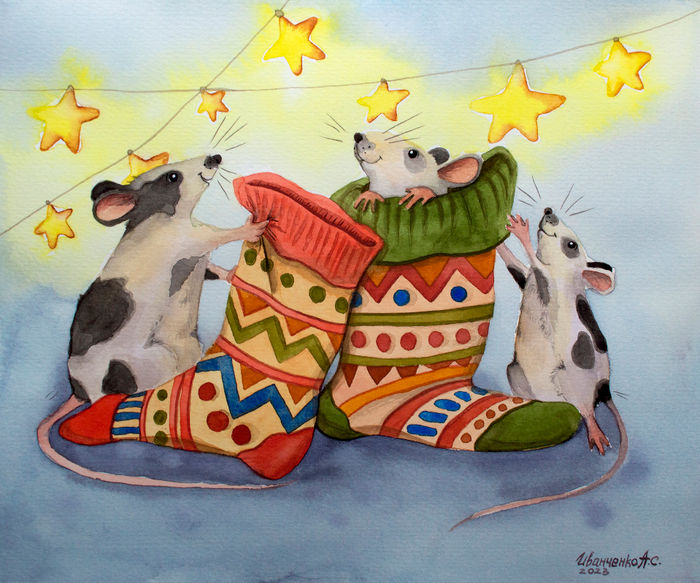 Мышата и тёплые носочки. Акварель