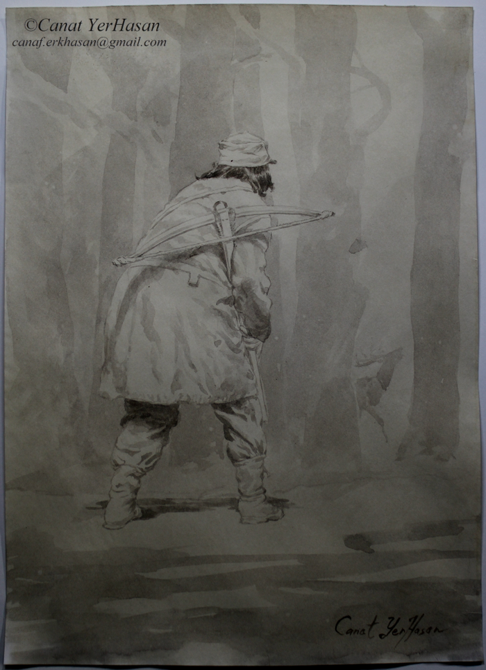 Охотник. Набросок. Сепия, кисть. 19 х 27 см.