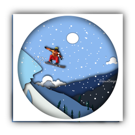 ЗИМНЯЯ ИЛЛЮСТРАЦИЯ В СТИЛЕ PAPER CUTOUT ЭФФЕКТ, сноубордист