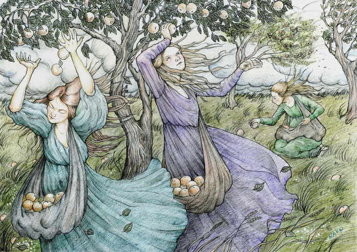 Три сборщицы яблок в ветреный день