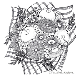 Раскраска "Букет из фруктов и цветов"