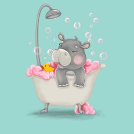 Малыш бегемот принимает ванну