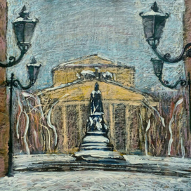 Оттепель. Вид с Малой Садовой через Невский и Екатерину Великую на Александрийский театр.