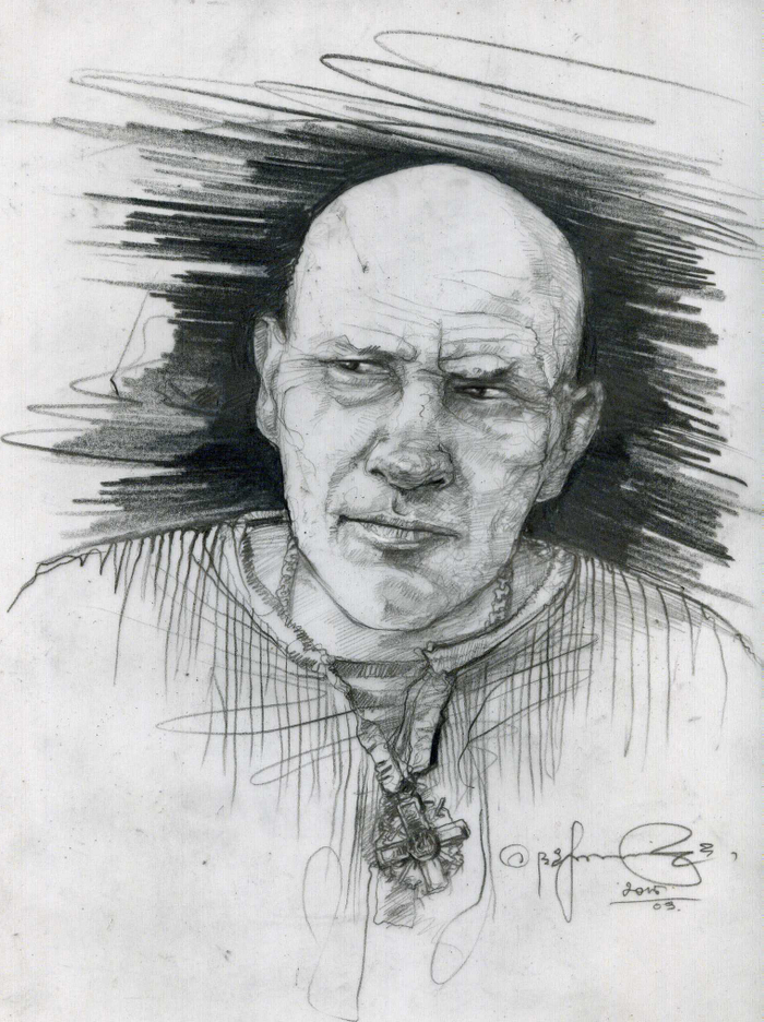 The hero of of the liberation war .From the author's sketches of the artist Victor Yeremenko "DONETSK DIARY". 2015.