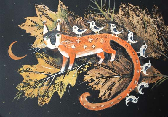 Дикий кот и 8 белых птичек