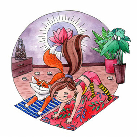 Девочка и лисёнок на йоге