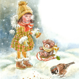 Девочка и воробушек. Иллюстрация к детскому стихотворению.