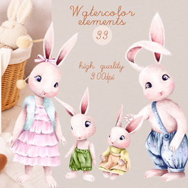 Watercolor cute rabbit family