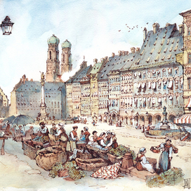 Мюнхен, Мариенплатц в 1835 году, с цветной медной гравюры.