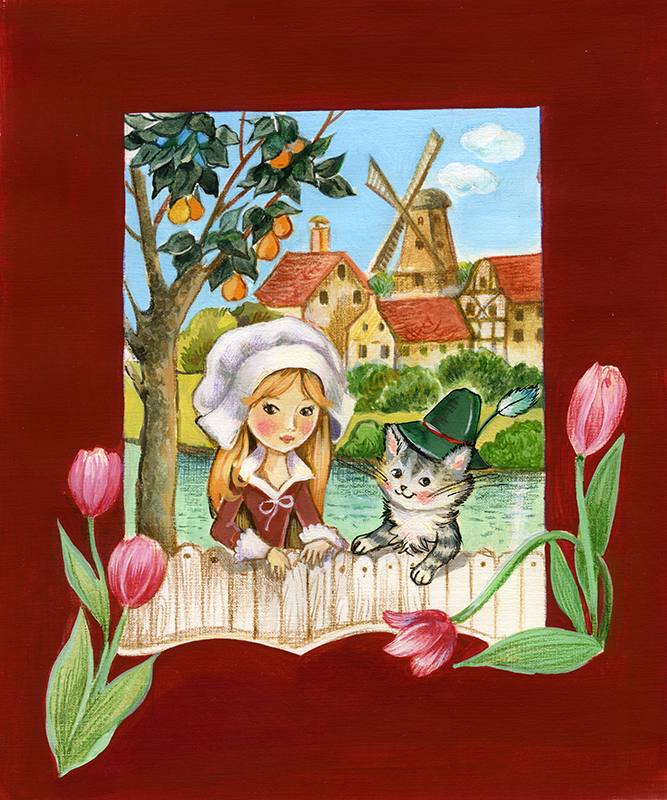 Девушка и котик на фоне мельницы