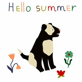 Летняя иллюстрация собаки в цветах с надписью Hello summer