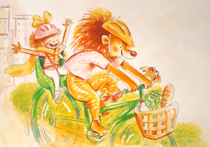 Лев и девочка на велосипеде