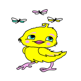 Веселый желтый цыпленок смотрит на стрекоз